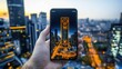 © ADD PHOTO - Cityscape at Dusk with Smartphone Displaying Data Security