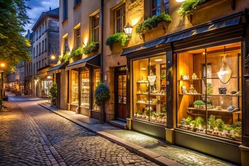 A cobblestone street with a row of shops, including a jewelry store