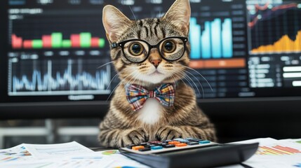 Fototapete - A tabby cat with glasses and a bowtie sits at a desk with a calculator in front of it. Papers with financial graphs and charts are scattered around