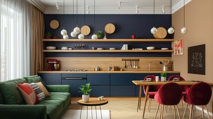 Modern apartment with indigo kitchen cabinets, wooden shelves, camel walls, pearl pendant lights, moss green sofa, and ruby red dining chairs