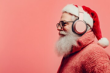 funny santa claus wearing headphones and enjoying music