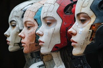 collage of female humanoid robots set against a dark background emphasizing the contrast between technology and art showcasing innovation and creativity in design