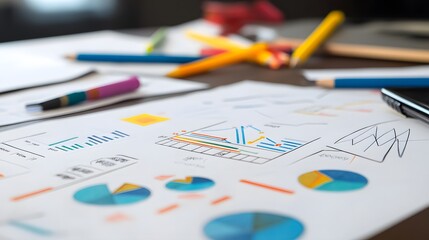 Colorful charts and graphs displayed on a desk, showcasing data analysis and business planning with writing tools scattered around.