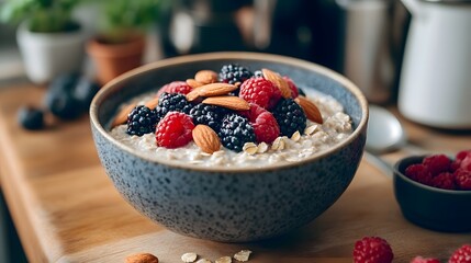 A beautifully arranged bowl of overnight oatmeal with rolled oats, almond milk, and a mix of berries on top, garnished with almonds The backdrop features a cozy kitchen atmosphere