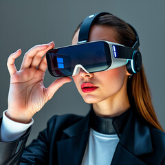 A woman holding up a pair of futuristic virtual reality glasses, futuristic ar glasses, digital sunglasses, technology, isolated background.