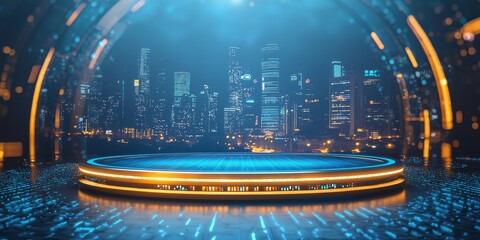 Sticker - A blue and gold circular podium with a city skyline background, a virtual news studio setting, in a futuristic style, captured in high-definition photography