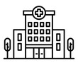 © OpaDesign - Black outline icon of a hospital building with a cross symbol. Represents healthcare, medical services, or hospital facilities. Editable stroke.