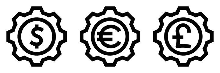 Wall Mural - set of three black outline icons of dollar, euro, and pound symbols inside gears, representing globa