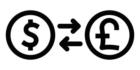 Wall Mural - black outline icon of dollar and pound symbols with arrows, representing currency exchange between m