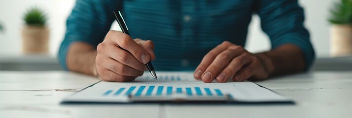 a person reviewing a financial report with blue charts and graphs on a clipboard, indicating data analysis and business planning.