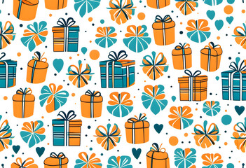 A colorful pattern featuring various gift boxes and decorative elements. The gifts are illustrated in orange and teal colors, surrounded by flowers, hearts, and dots.