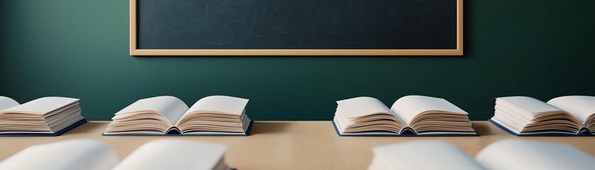 Open books on a table with a chalkboard in the background.