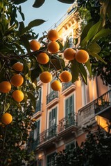 Poster - Oranges on Tree in Front of Building