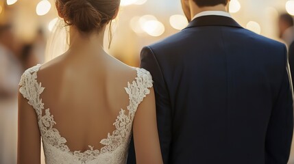 Canvas Print - Back view of bride and groom in wedding suits at marriage ceremony, wedding and party, newlyweds 