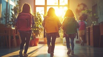 Poster - School kids with rucksacks entering classroom, rear view, back to school, sunset light, cozy atmosphere, excited faces  