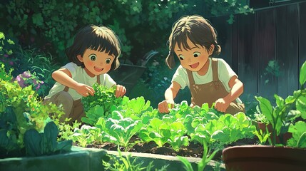 Canvas Print - Two children engage in gardening, exploring and nurturing fresh lettuce in a vibrant green backyard environment. 