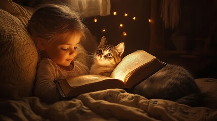 Poster - A child reading a bedtime story to their pet, fostering a bond of companionship and love. 