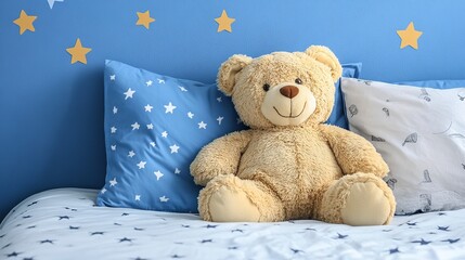 Sticker - cozy teddy bear nestled in a childs bedroom surrounded by starry bedding and calming blue walls radiating warmth and comfort in a nurturing environment  