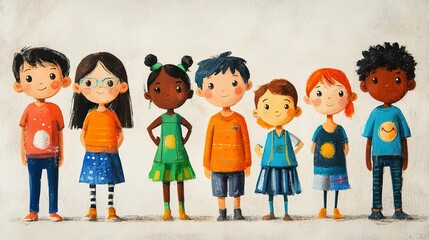 Sticker - Diverse group of fictional children from various backgrounds standing together in art. Concept Children, Diversity, Friendship, Art, Unity 