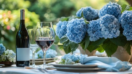 Poster - Wedding or formal dinner holiday celebration tablescape with hydrangea flowers in the English countryside garden, table setting and wine, floral table decor for family dinner party, home styling  