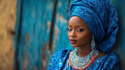 Canvas Print - nigerian woman dressed in blue beautiful african family 