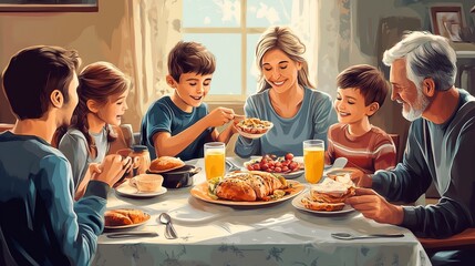 Wall Mural - High-detail photo of a family enjoying a healthy breakfast together, smiling around the table  