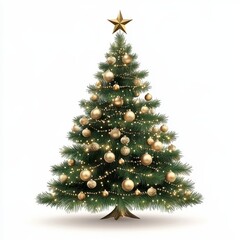 A detailed Christmas tree with golden ornaments and star topper, photorealistic style, isolated on white background