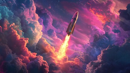 Aufkleber - A rocket ascends rapidly into the sky, trailing brilliant flames as it pierces colorful clouds illuminated by starlight. The vibrant hues create a magical atmosphere during the launch.