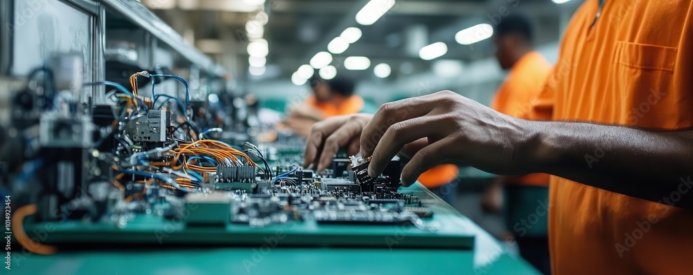 Inmates assembling electronics in a prison workshop Stock Illustration ...