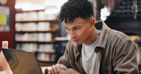 Poster - African, man and student with laptop in library for research information, university news and study schedule. Person, digital and reading online with education survey, exam results and project report