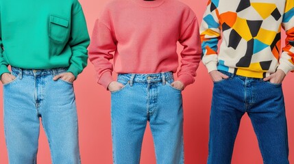 Classic 80s acid wash jeans paired with bold graphic sweaters, [vintage fashion], [denim street style comeback].  ,closes up