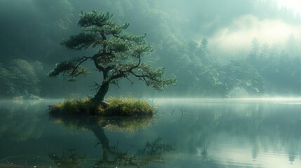 Poster - Serene Lake with Mist and a Single Tree Reflection - Nature Photography