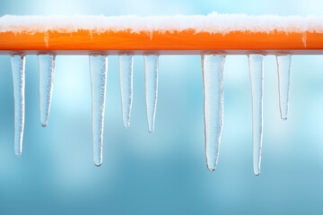 Icicles hanging from a metal bar against a blurred blue background on a winter day