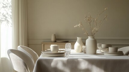 Poster - A beautifully arranged dining table features simple ceramics and soft textiles, illuminated by gentle daylight. Dried flowers in a vase enhance the serene atmosphere of the warm interior.