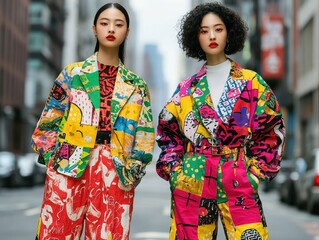 Street style with bold graffiti-inspired prints on oversized jackets and wide-legged pants, [bold fashion], [urban rebellious design].