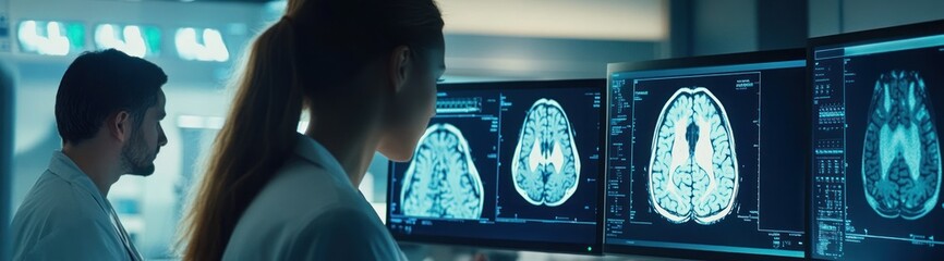 two medical professionals looking at brain scan images on monitors.