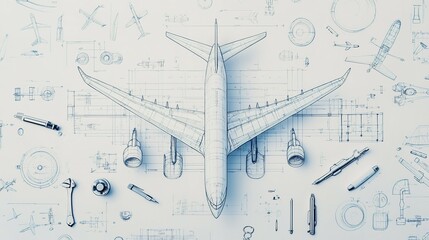 Airplane Design Concept With Technical Drawings and Instruments