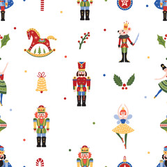 Cute Christmas vector seamless Nutcracker pattern. Can be used for wallpaper, pattern fills, web page background, surface textures.