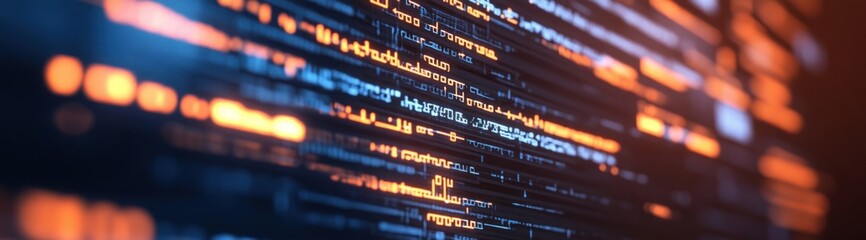 Abstract blurred view of computer code with soft orange and blue lighting.