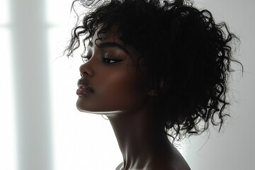 A black silhouette of an African American woman with curly hair, standing against a white background The figure is centered and in profile view, showcasing her graceful posture