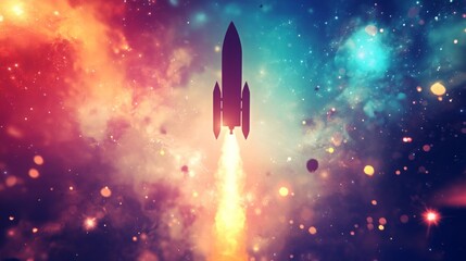 Aufkleber - A rocket propels itself into the vastness of space, leaving a fiery trail. The background is filled with vibrant colors, showcasing stars and cosmic dust that illuminate the night sky.
