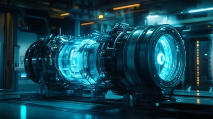 Aufkleber - A glowing energy core rests on a metal platform in a futuristic laboratory. The core emits a blue light, surrounded by intricate machinery and equipment, creating a striking technological ambiance.