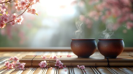 Two tea cups on a traditional bamboo mat, with soft steam rising, peaceful tea break.