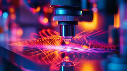Fototapete - A close-up view of a machine's nozzle emitting bright orange and pink energy lines, illuminating the dark background