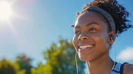 A happy woman with headphones on smiling at the camera