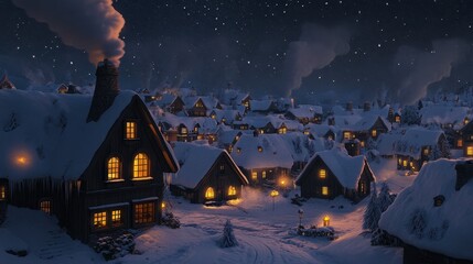 Wall Mural - Enchanting Snowy Village at Night under Starlit Sky