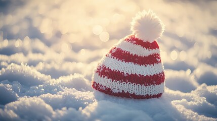 A red and white striped knitted hat with a white pom pom sits in the snow with the sun shining in the background.