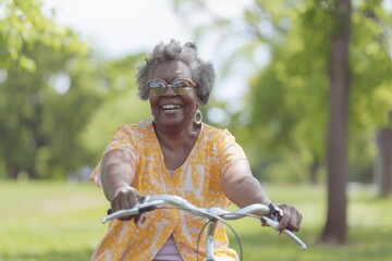 A woman pedals her bicycle through a lush green park on a sunny day