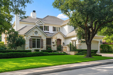 A beautiful home in the city of Dallas, Texas, with lush green grass and large trees in the front yard. The house has three stories and is located on an upscale street with other high-end homes nearby