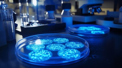Aufkleber - A petri dish with blue, glowing cells in the center of the image is on a black countertop. Another petri dish is in the background. Other lab equipment is out of focus in the background.